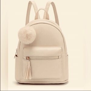 NWT Beige Mini Backpack Purse for Girls Teens Women Purses PU Leather Pom Charm